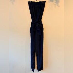 Anthropologie ESTAM Strapless Navy Jogger Jumpsuit with Tie Waist